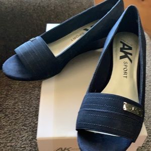 AK Sport Denim Navy Open Toed Wedge Size 8
